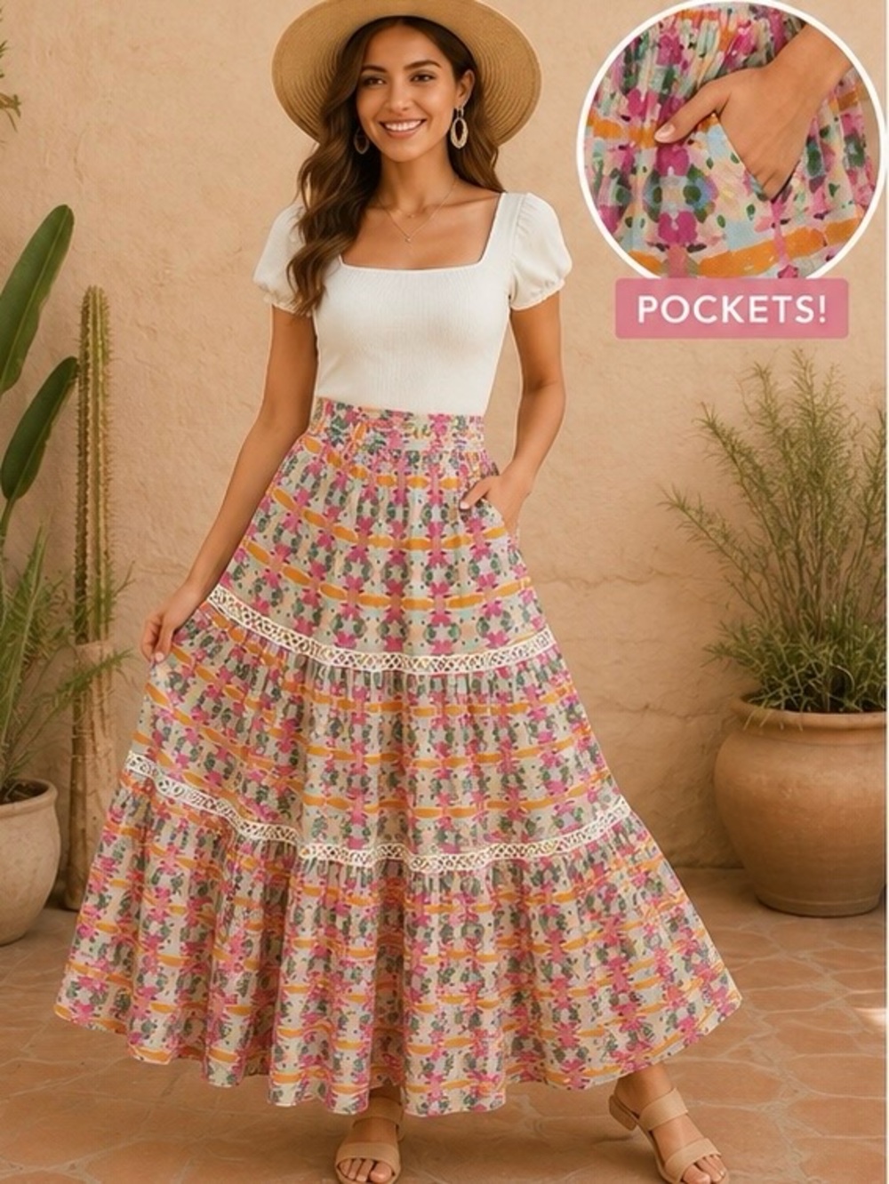 Brooks ave Boho Floral Tiered Maxi Skirt - Multi color - Cottagecore resort wear